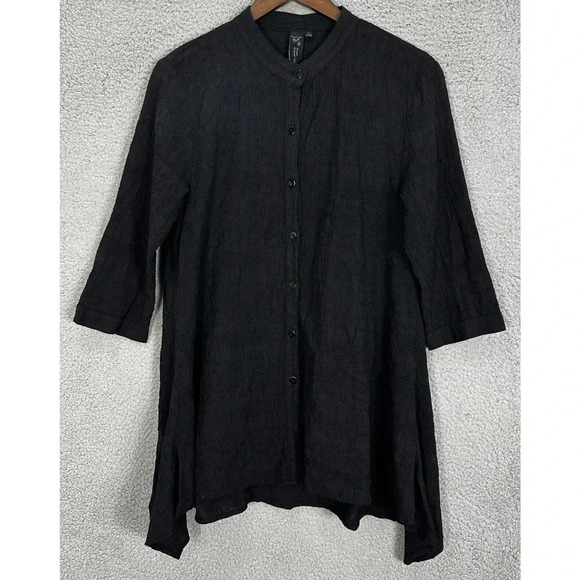 Focus Casual Life Button Up Tunic Top Womens‎ Small Black Embroidered Oversized - Picture 1 of 6